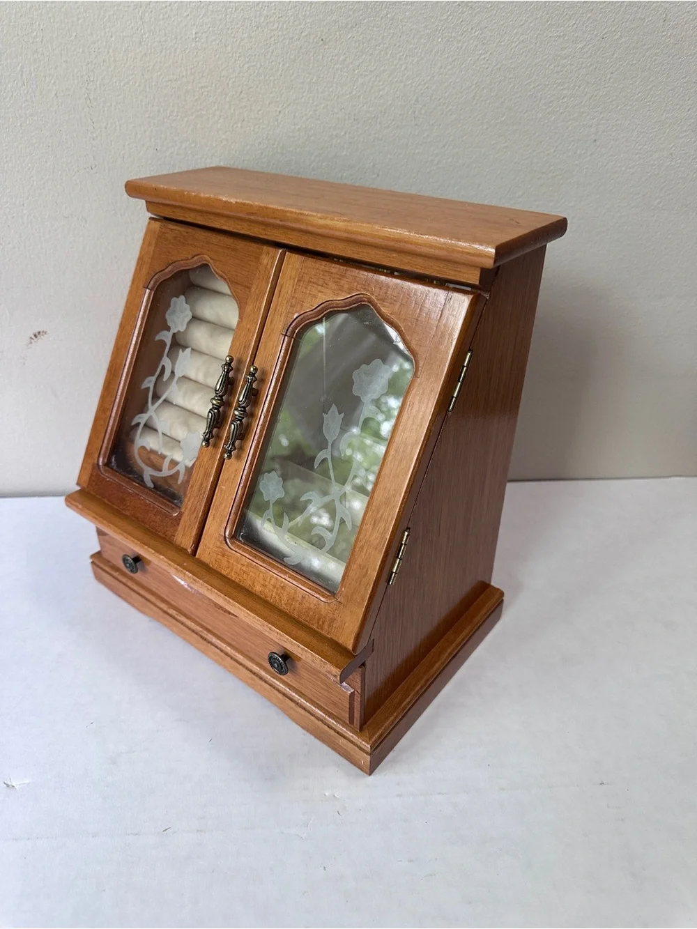 Vintage Wooden Jewelry Armoire Box Etched Glass Rose Doors Drawer